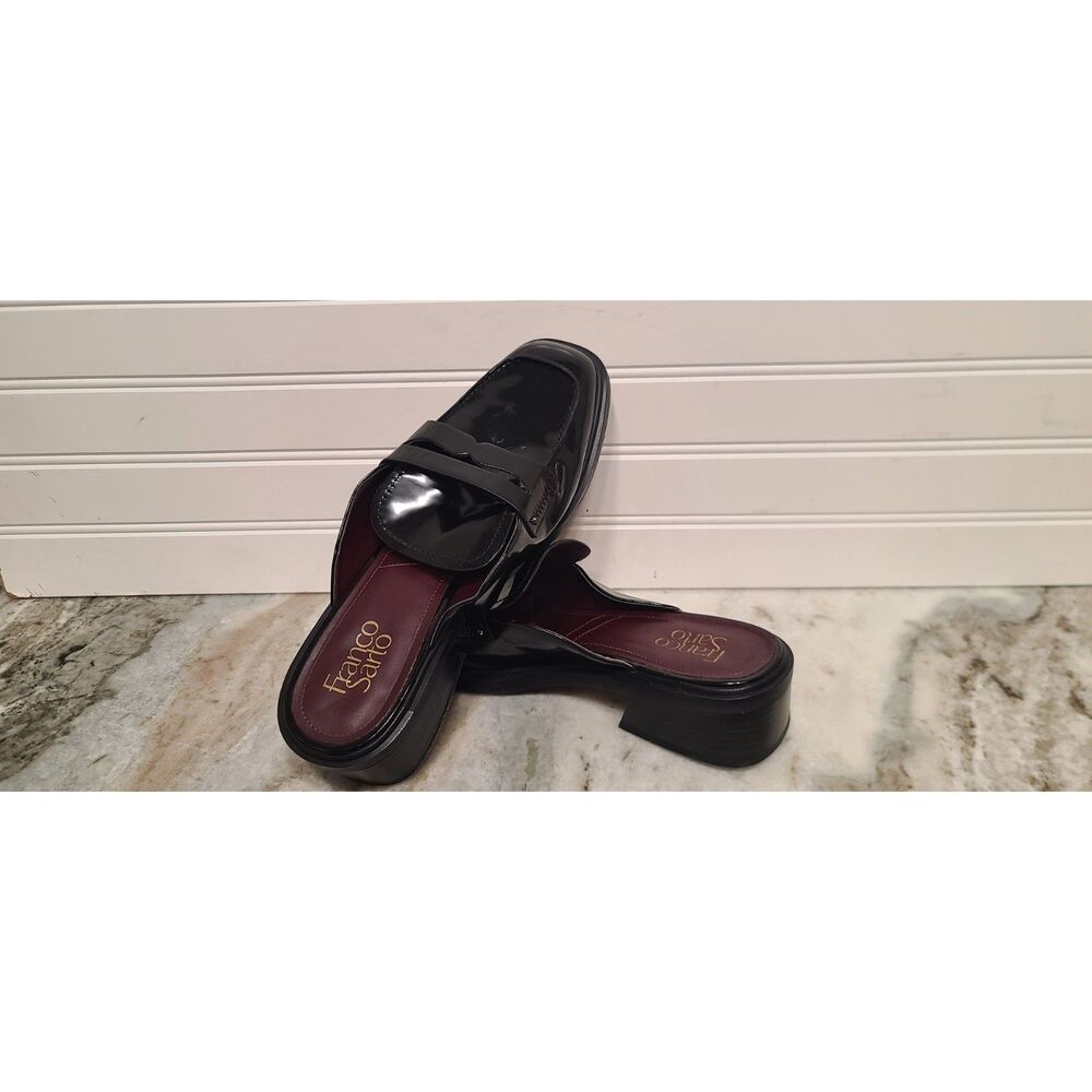 Franco Sarto Genny Black Patent Faux Leather Slip On Mule Loafers Size 9 NWT